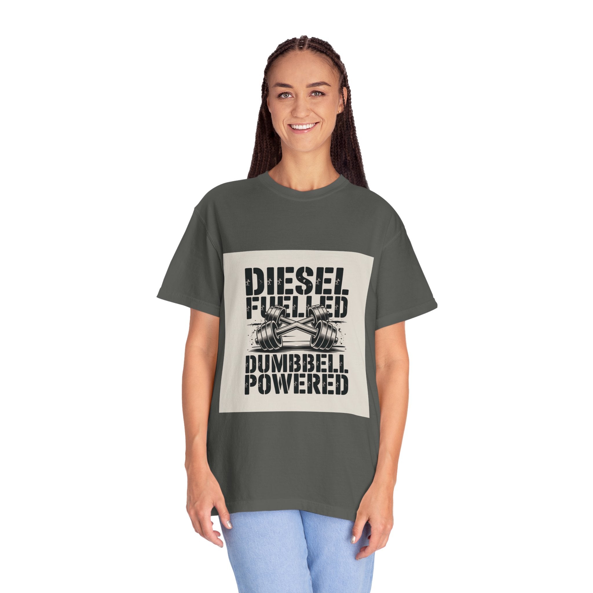 Diesel-Fuelled Dumbbell Powered T-Shirt — Gritty Gym Tee for Men