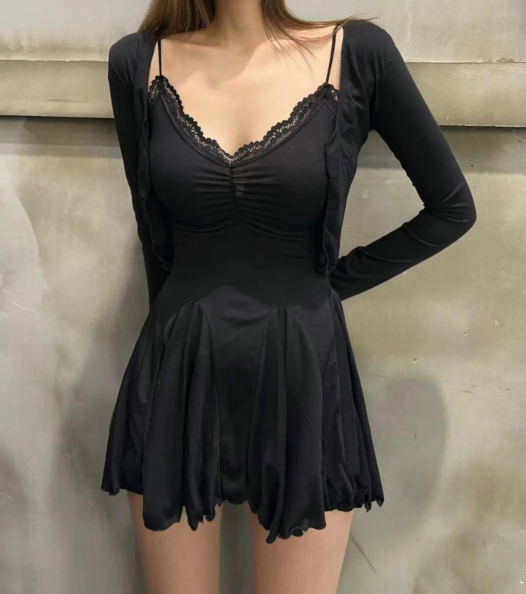 Lace Stitching Pleated Sling Dress for Women