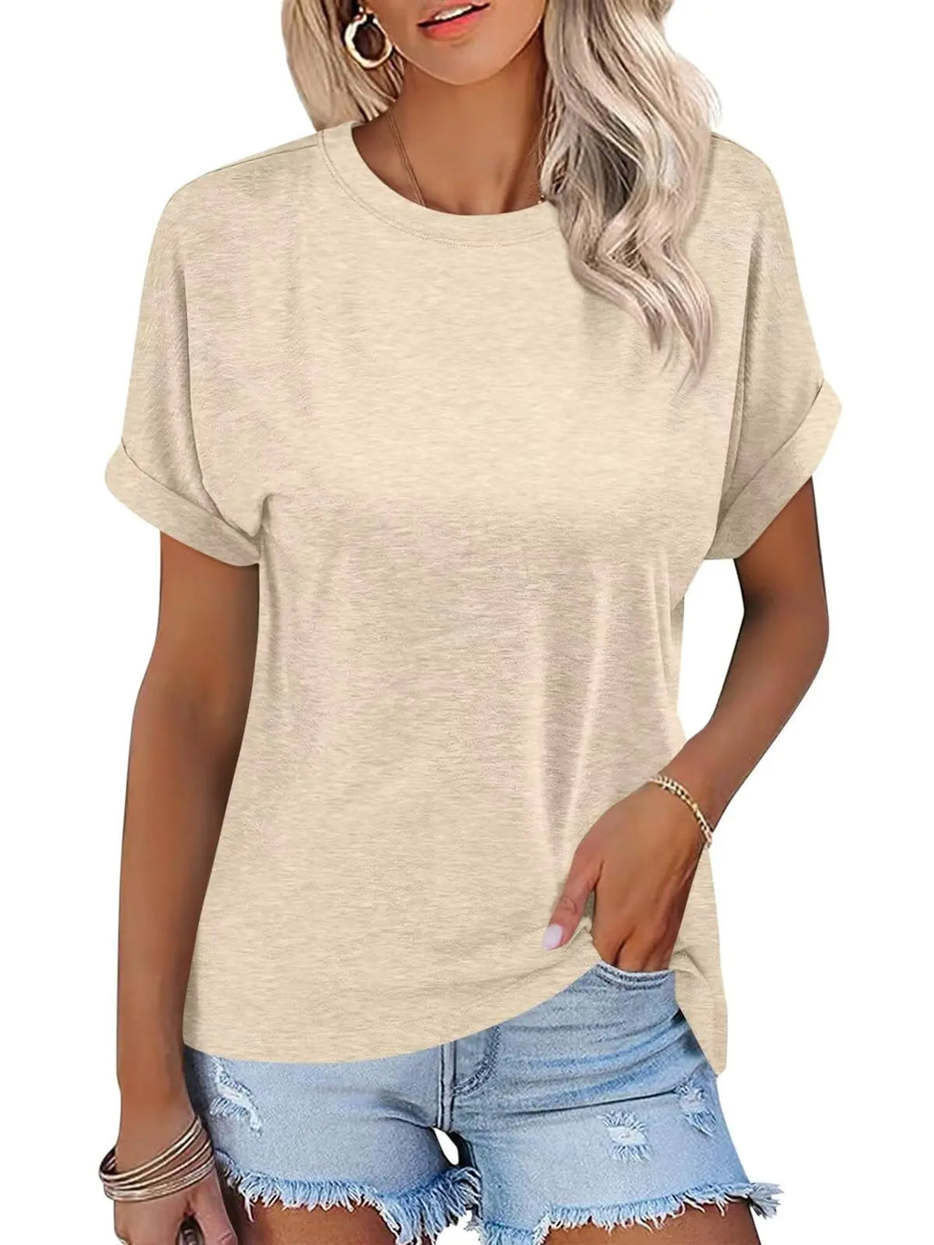 TICTICMISS Womens T-Shirts Rolled Short Sleeve Shirts Crewneck Summer Tops Solid Loose Casual Tees Shirts Beige