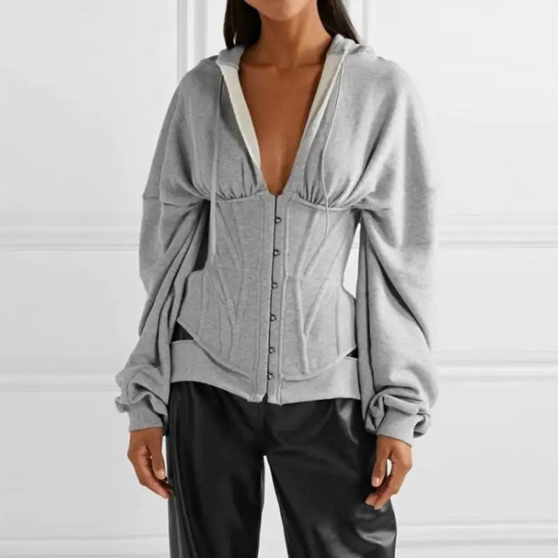 Versatile Long-sleeved Hooded V-neck Top