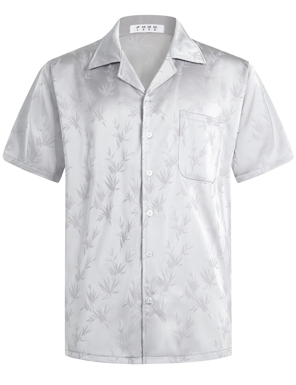 ELETOP Mens Hawaiian Shirts Summer Imitated Silk Jacquard Shirts Short Sleeve Casual Beach Shirts M049 Silver Grey XXL