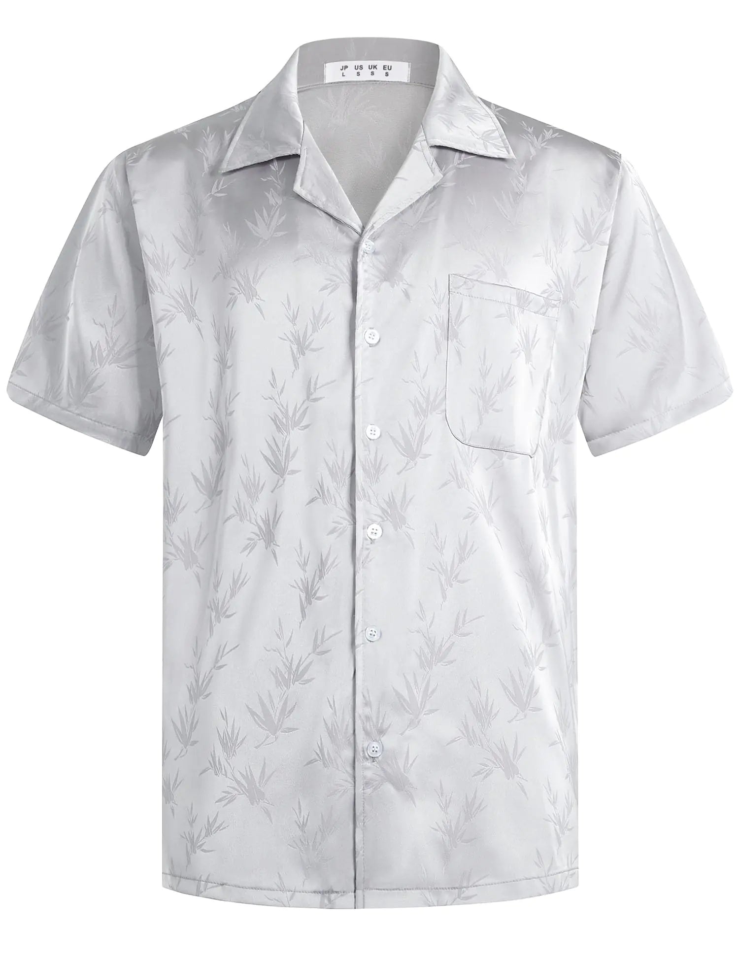 ELETOP Mens Hawaiian Shirts Summer Imitated Silk Jacquard Shirts Short Sleeve Casual Beach Shirts M049 Silver Grey XXL