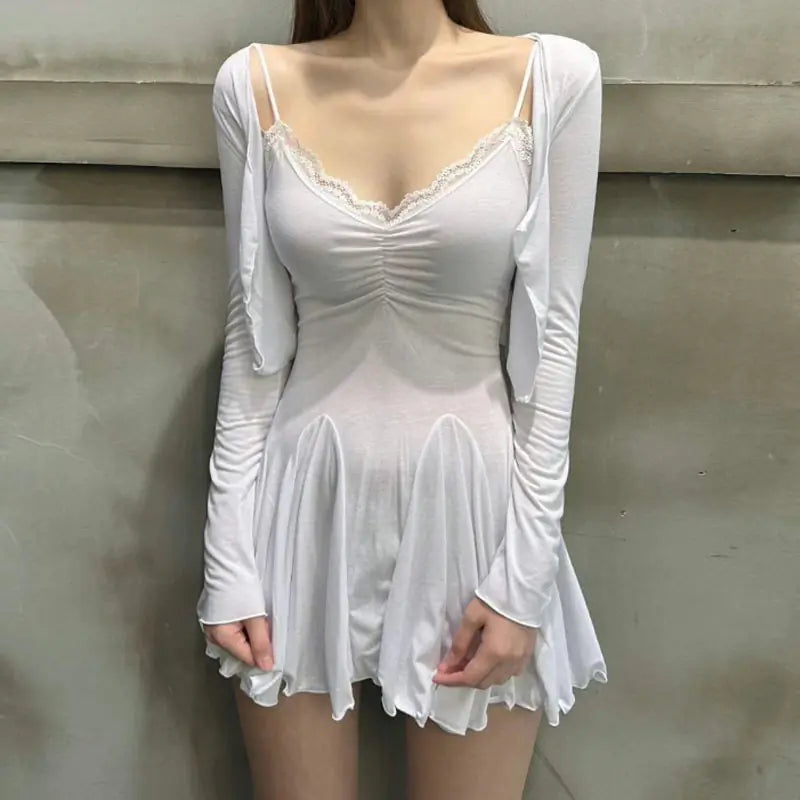 Lace Stitching Pleated Sling Dress for Women