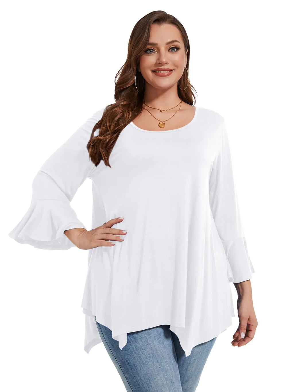 LARACE 3/4 Sleeve Womens Tops Plus Size Crew Neck Tunic Tops Dressy Casual Ruffle Sleeve Shirts Blouses(1XWhite)