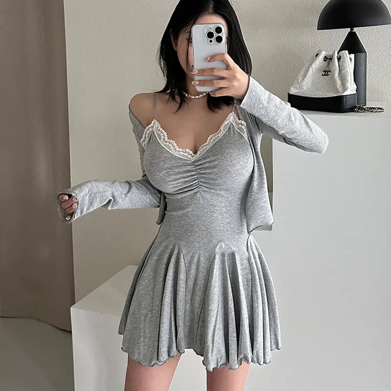 Lace Stitching Pleated Sling Dress for Women